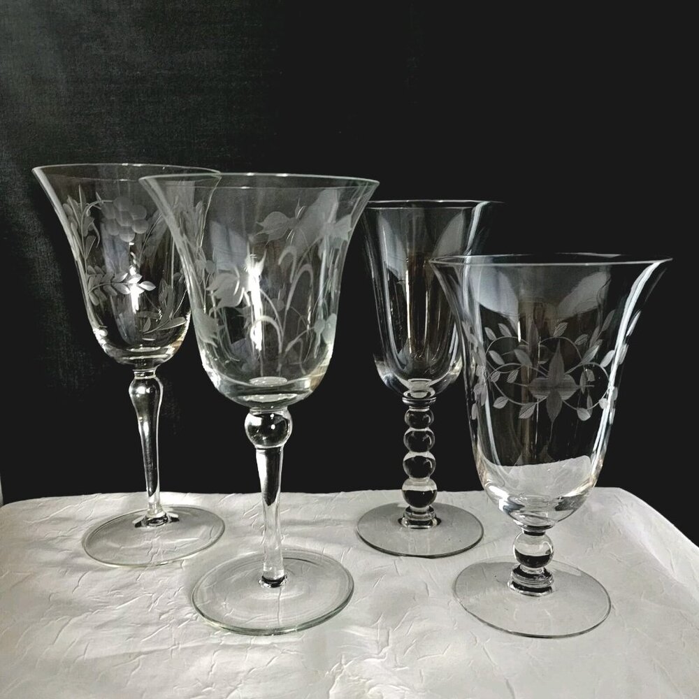Mismatched Wine Glassware Collection set/4 vintage etched mixed cocktail glasses